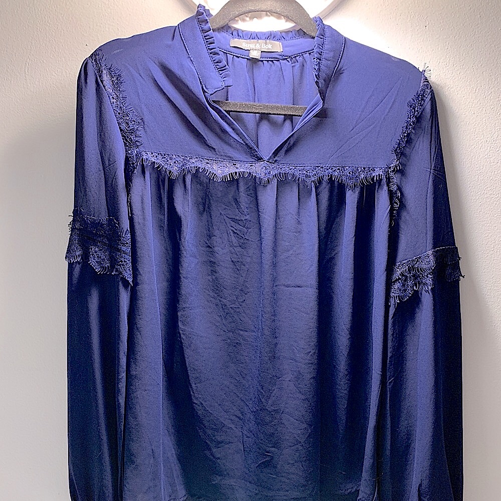 NWOT Strut & Bolt Navy Blouse with Lace Trim